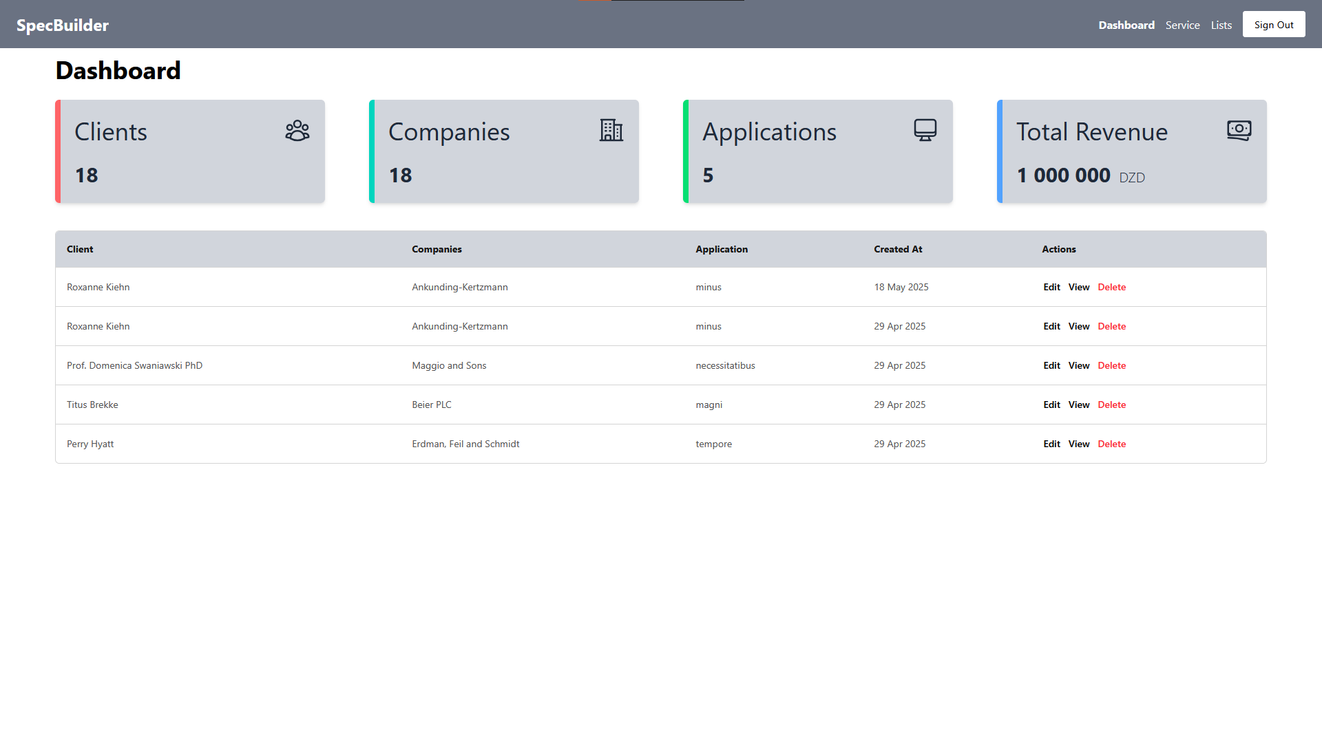 Specbuilder dashbard user Screenshot